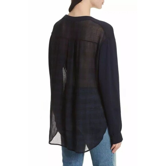 T by Alexander Wang Merino Wool V Neck Sweater Navy Blue Plaid Back Size Medium - Picture 3 of 10